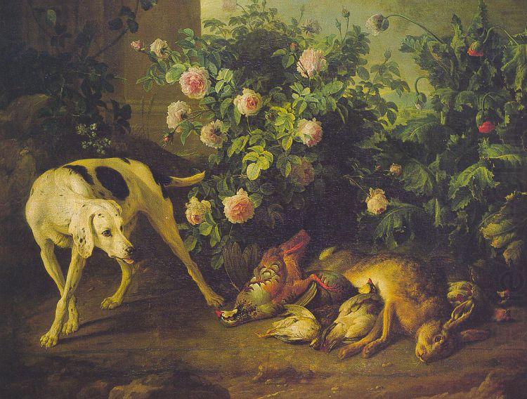 Francois Desportes Dog Guarding Game near a Rosebush china oil painting image